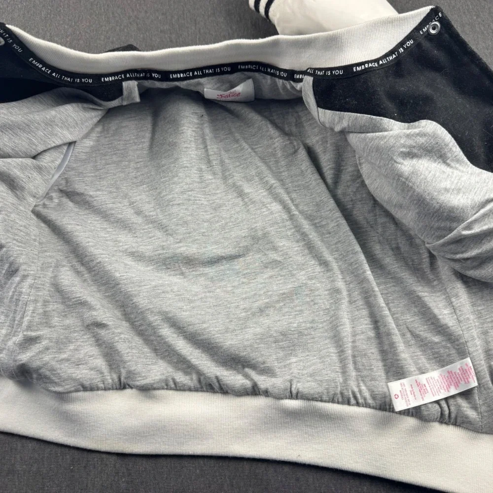 Justice Sport Girls Varsity Jacket Black White Pink Smiley Face Size S 7/8
